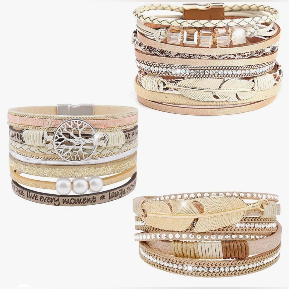 NWT 3Pack Leather Cuff Set Multilayer Wrap Crystal Bracelet Magnetic Clasp